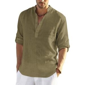Men's Green Cotton Linen Henley Shirt Long Sleeve Hippie Casual Beach T Shirts